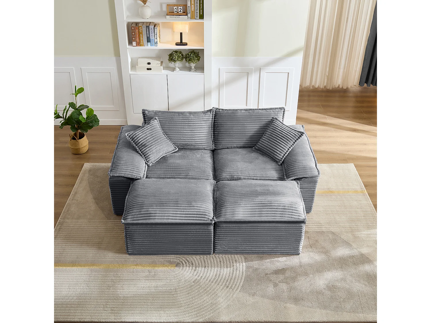 Canapé modulable 2 places en velours côtelé avec coussins et 2 pouf - Gris