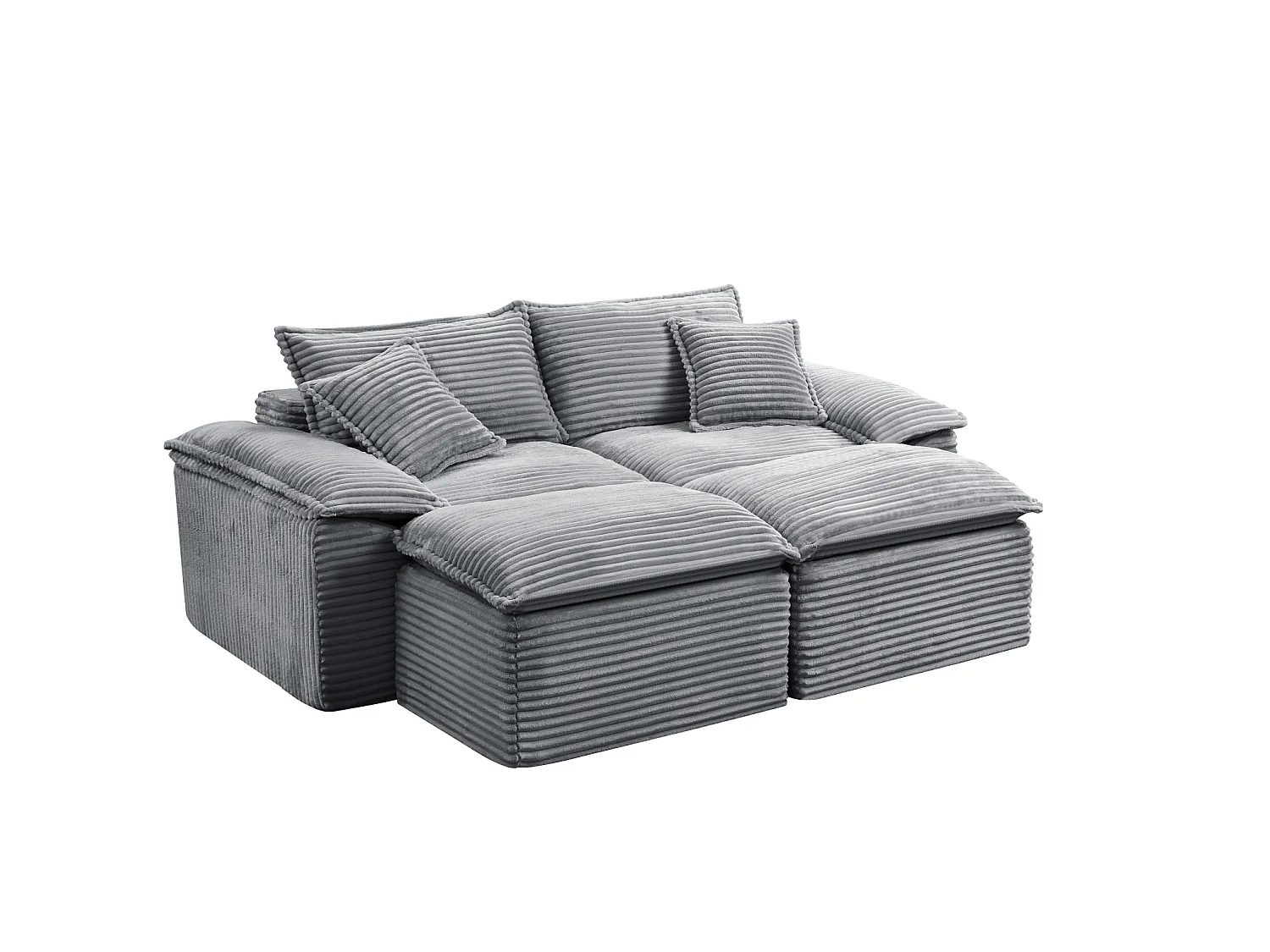 Canapé modulable 2 places en velours côtelé avec coussins et 2 pouf - Gris