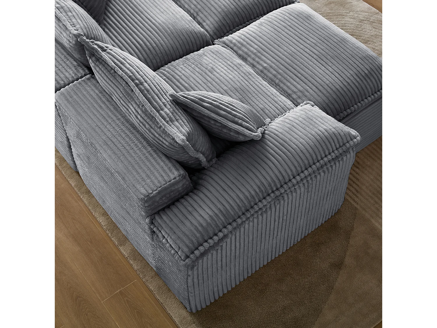 Canapé modulable 2 places en velours côtelé avec coussins et 2 pouf - Gris