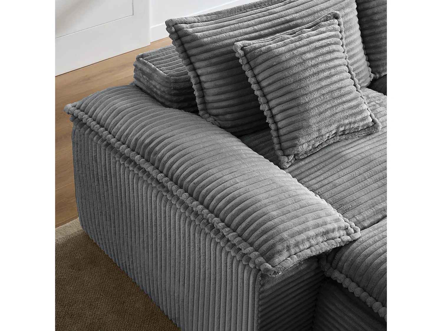 Canapé modulable 2 places en velours côtelé avec coussins et 2 pouf - Gris