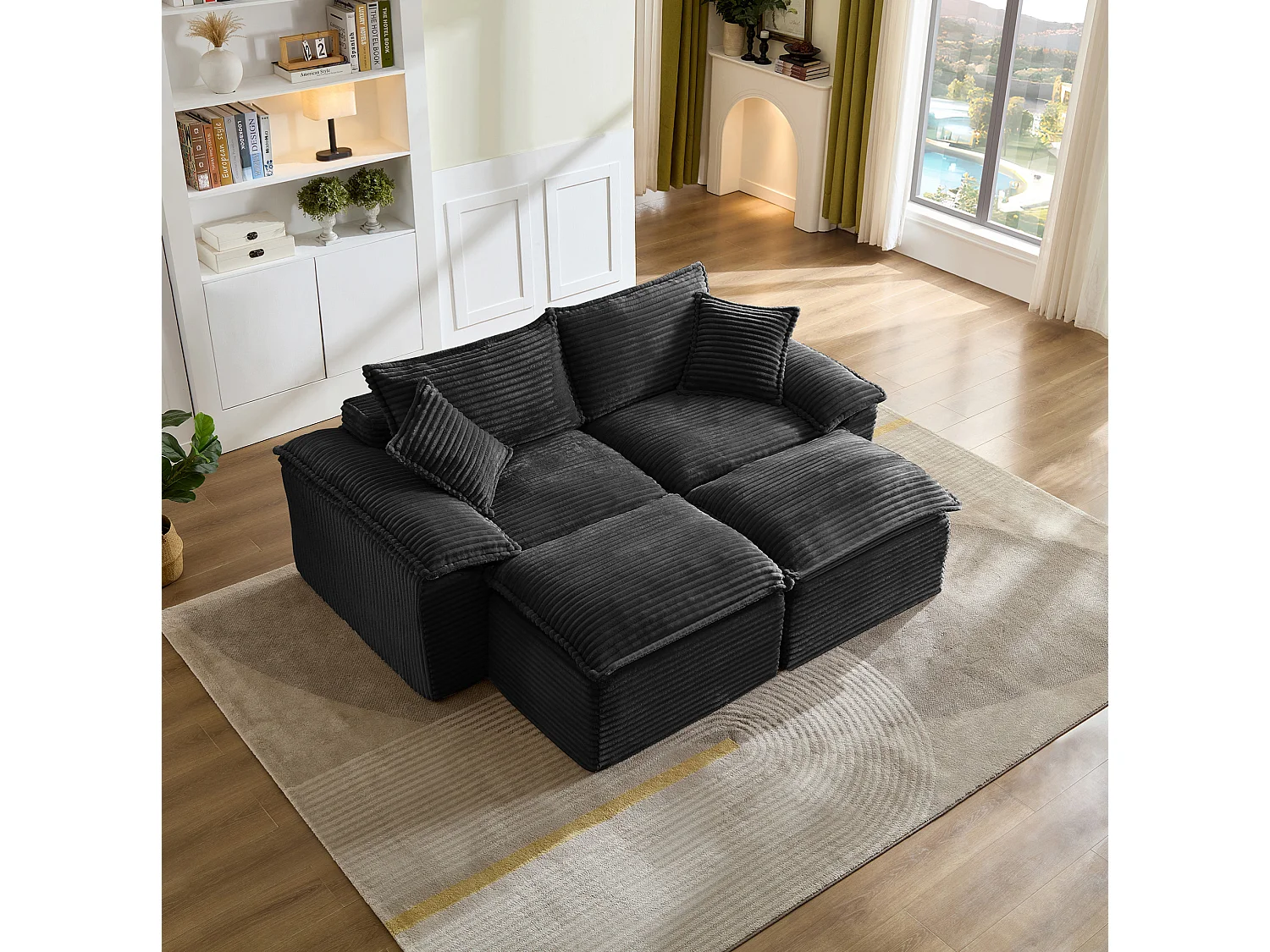 Canapé modulable 2 places en velours côtelé avec coussins et 2 pouf - Noir