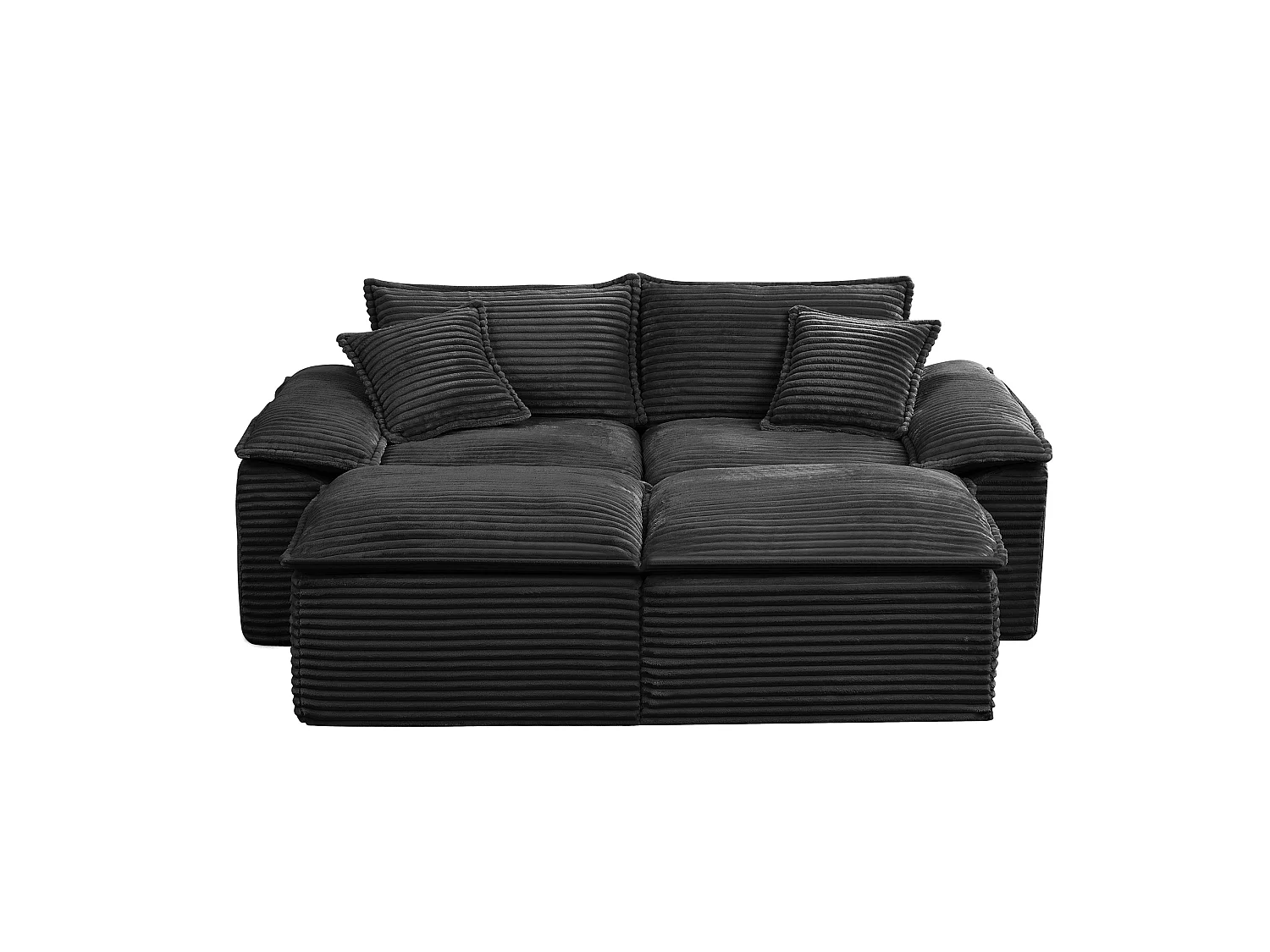 Canapé modulable 2 places en velours côtelé avec coussins et 2 pouf - Noir