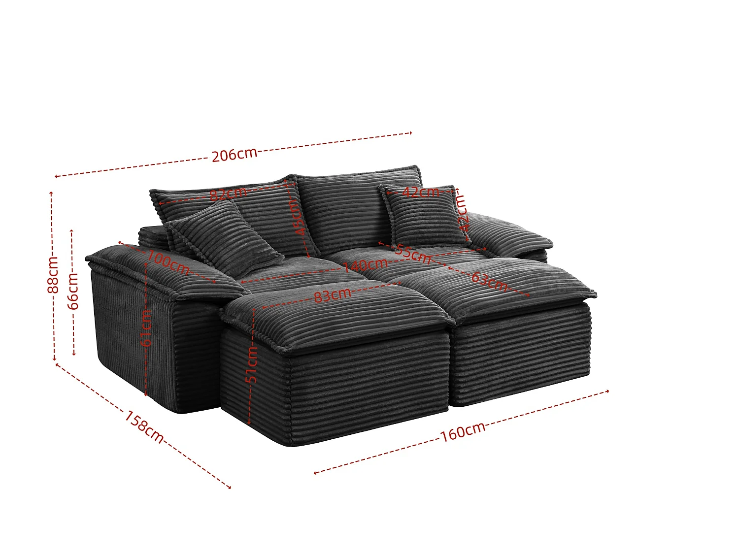 Canapé modulable 2 places en velours côtelé avec coussins et 2 pouf - Noir