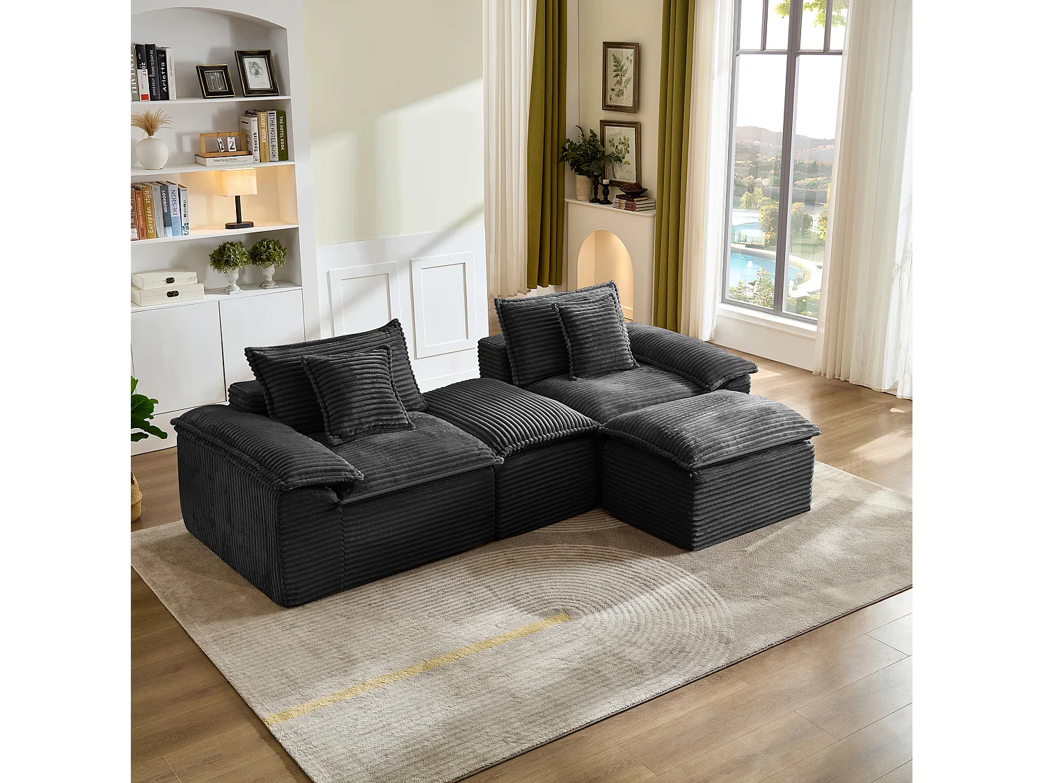 Canapé modulable 2 places en velours côtelé avec coussins et 2 pouf - Noir