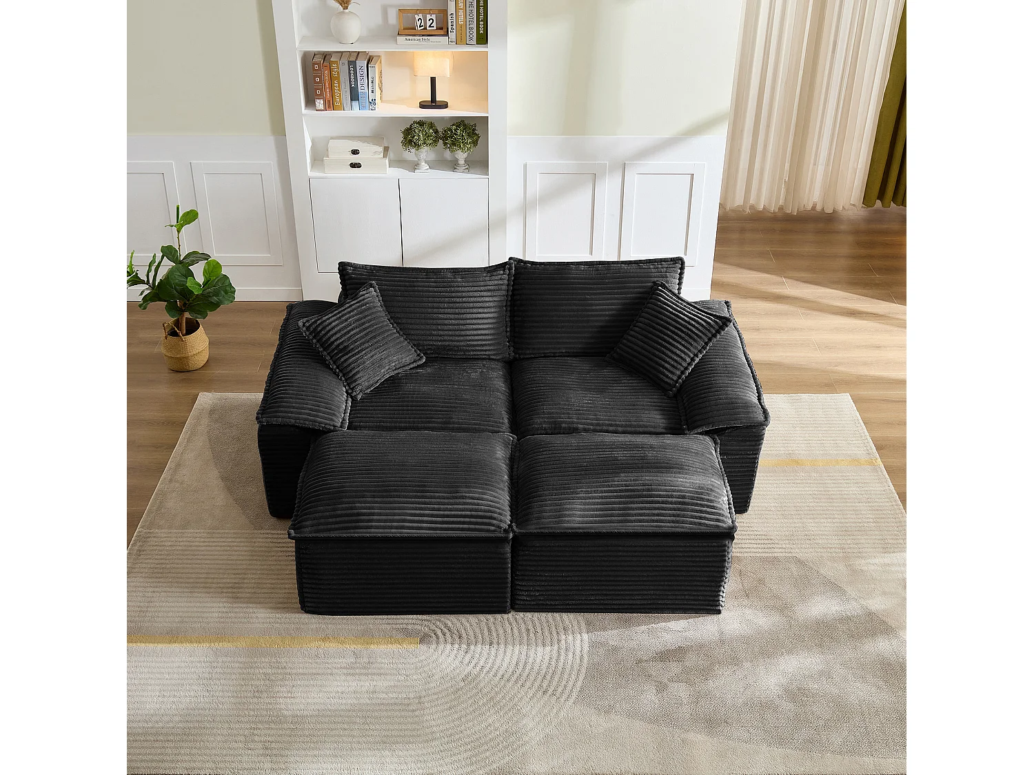 Canapé modulable 2 places en velours côtelé avec coussins et 2 pouf - Noir