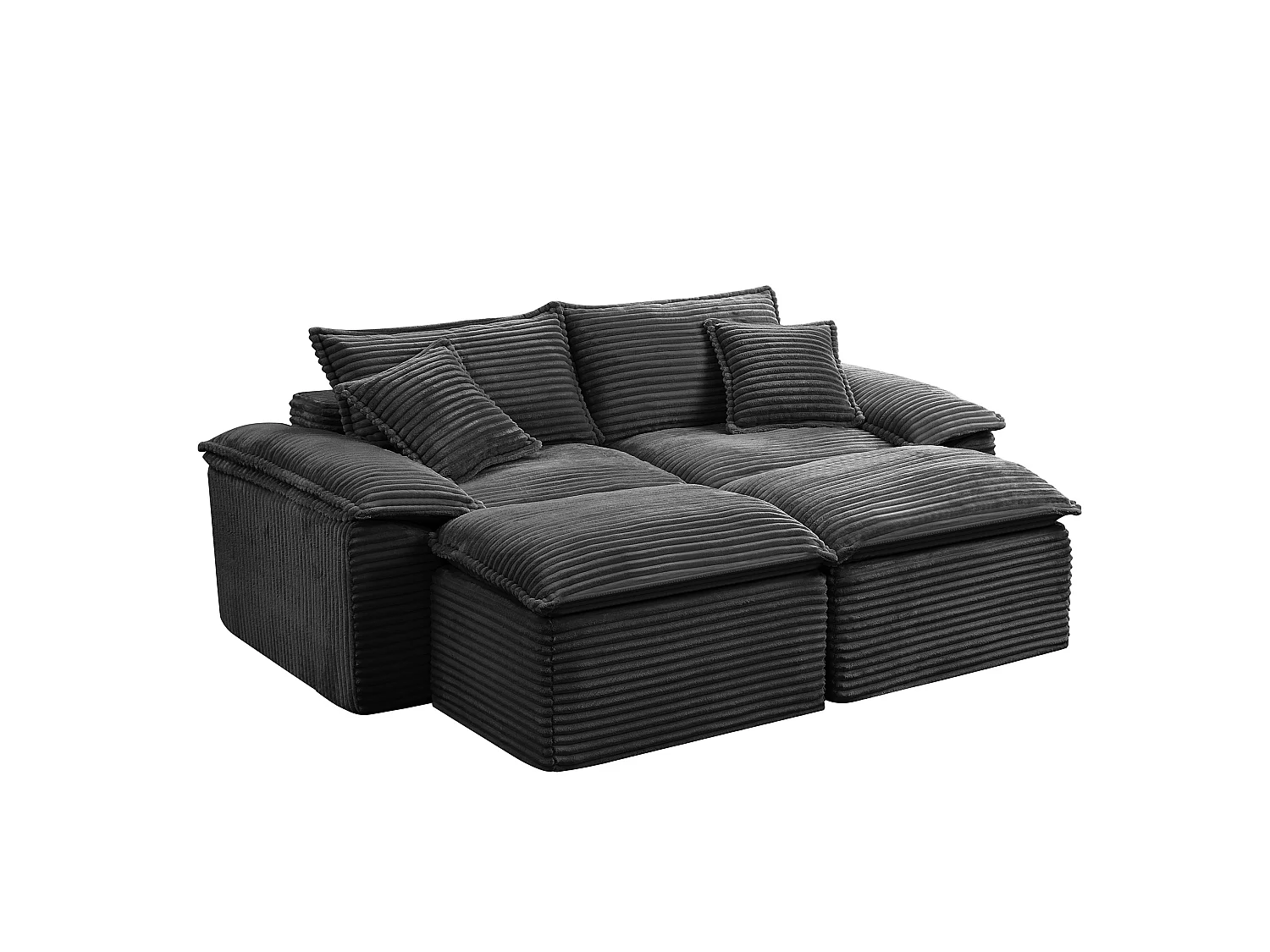 Canapé modulable 2 places en velours côtelé avec coussins et 2 pouf - Noir