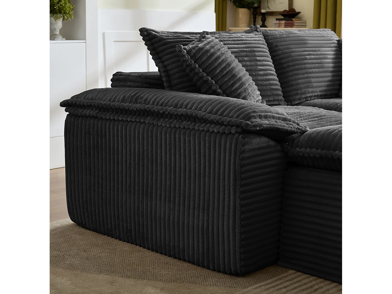 Canapé modulable 2 places en velours côtelé avec coussins et 2 pouf - Noir