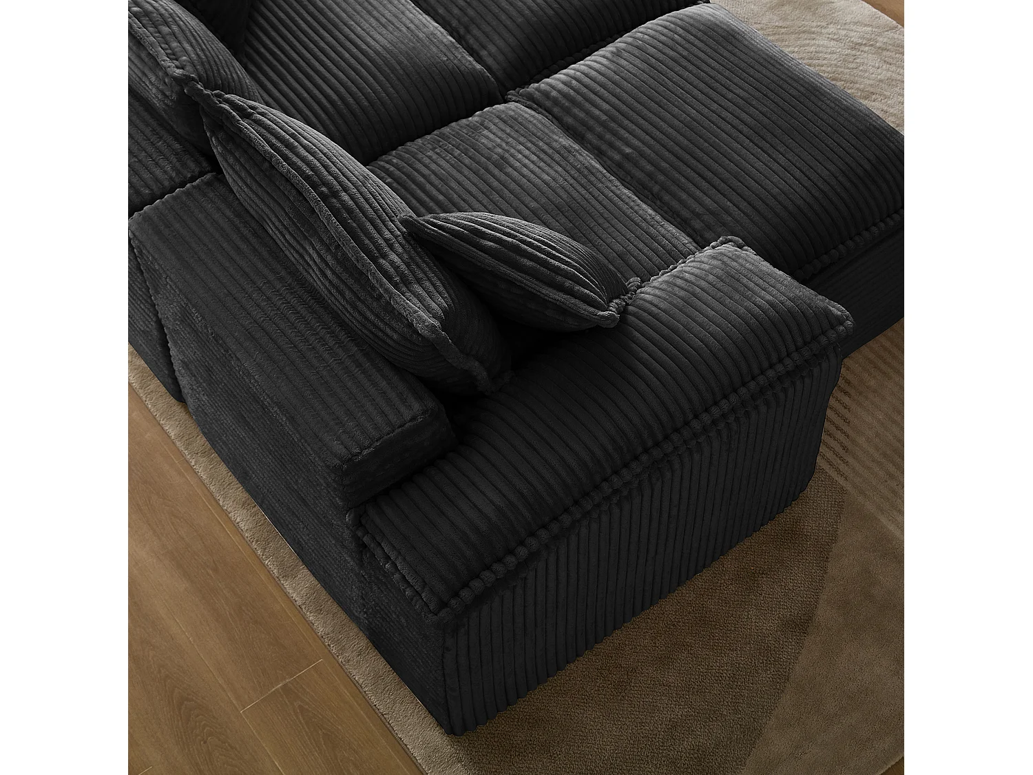 Canapé modulable 2 places en velours côtelé avec coussins et 2 pouf - Noir