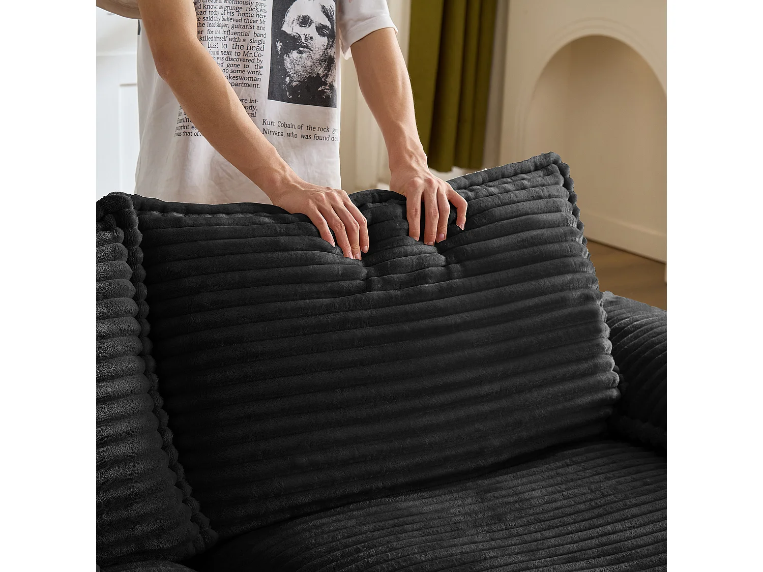 Canapé modulable 2 places en velours côtelé avec coussins et 2 pouf - Noir