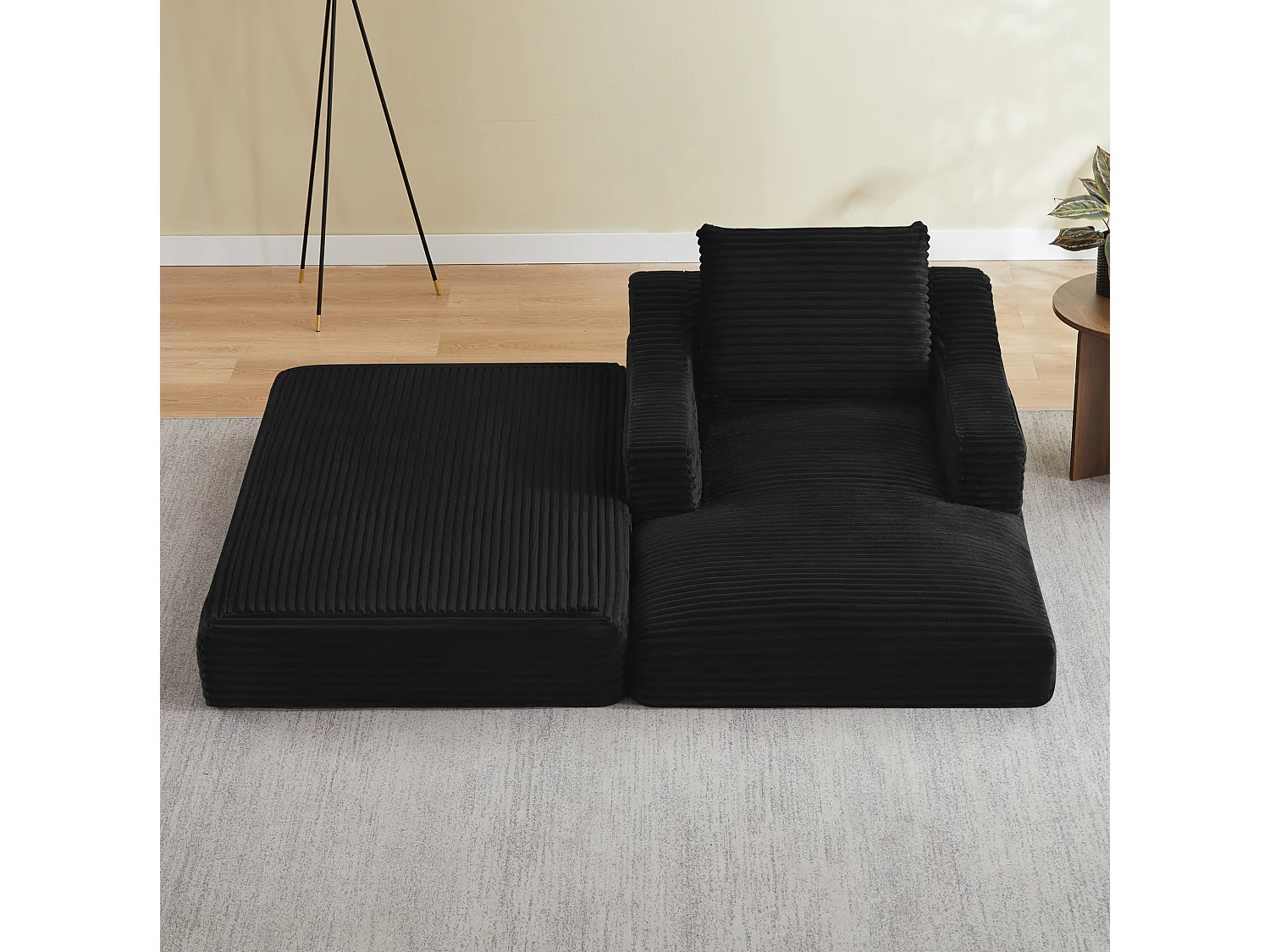 Méridienne convertible 160x100x85 cm en velours côtelé noir - Sans montage