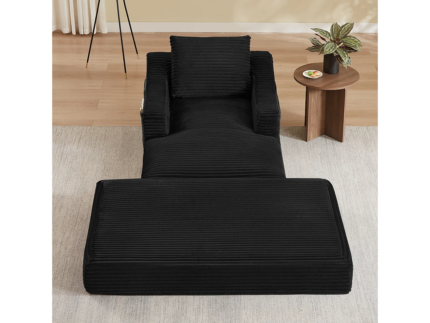 Méridienne convertible 160x100x85 cm en velours côtelé noir - Sans montage