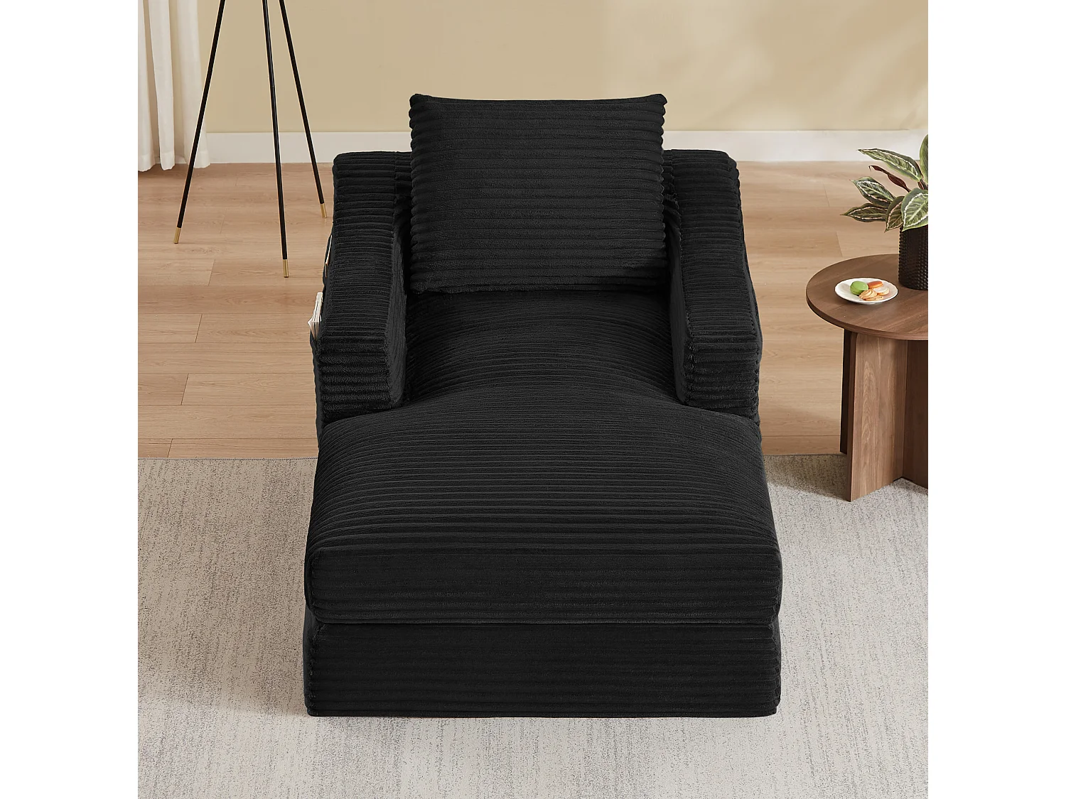 Méridienne convertible 160x100x85 cm en velours côtelé noir - Sans montage