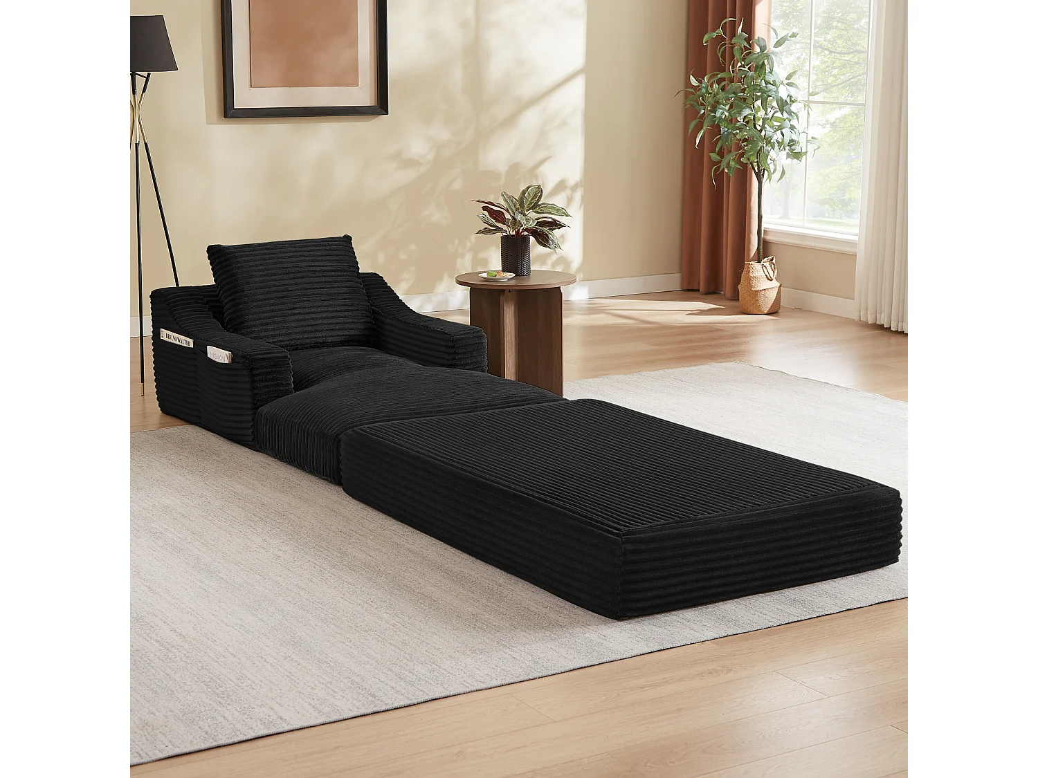 Méridienne convertible 160x100x85 cm en velours côtelé noir - Sans montage