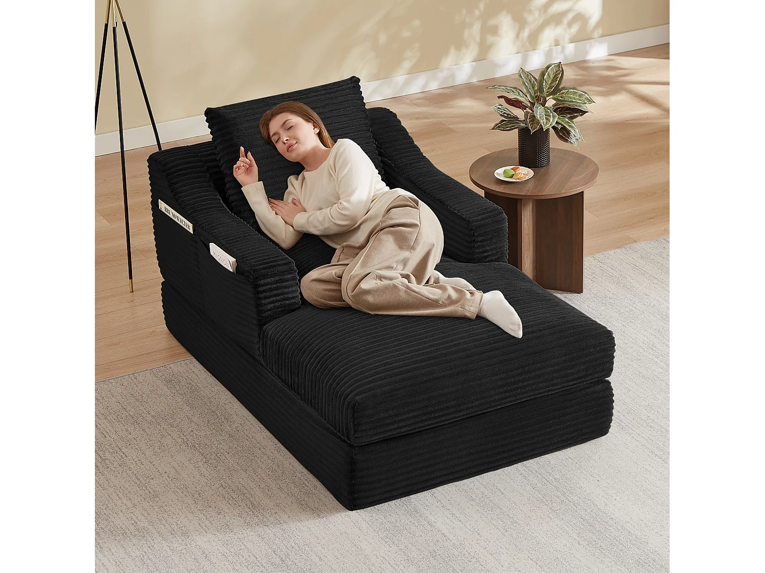 Méridienne convertible 160x100x85 cm en velours côtelé noir - Sans montage