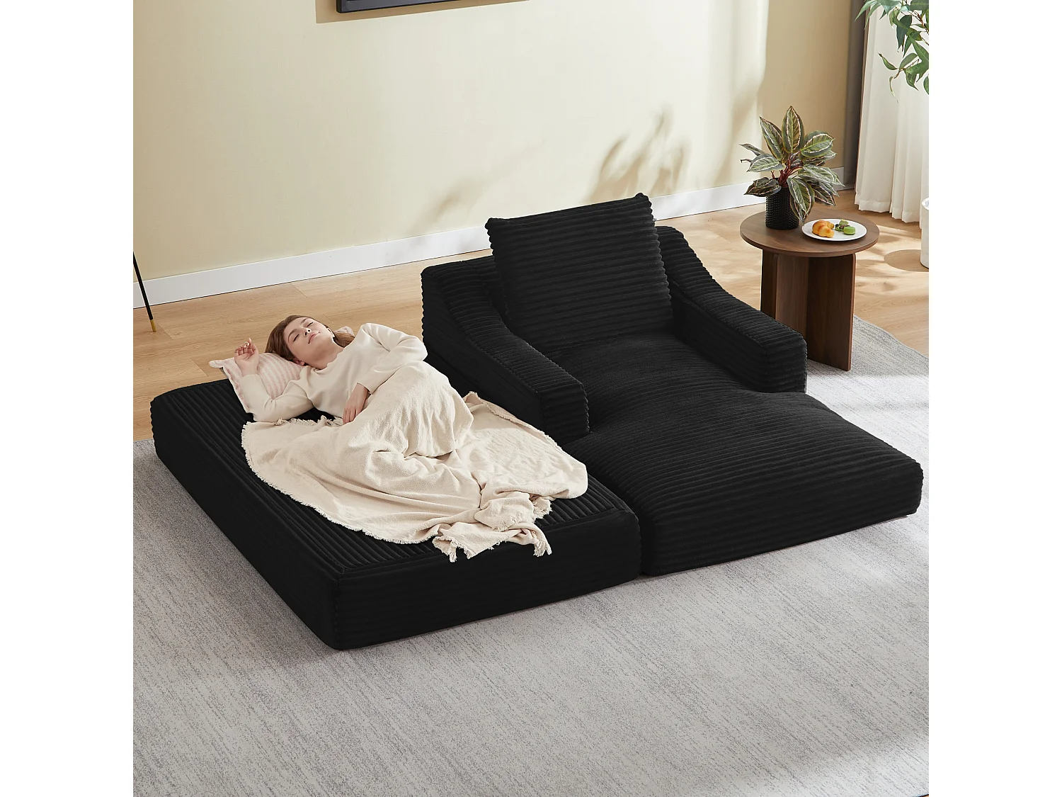 Méridienne convertible 160x100x85 cm en velours côtelé noir - Sans montage