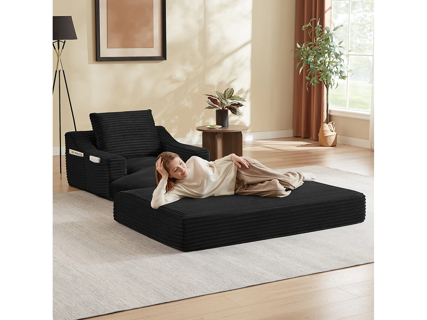 Méridienne convertible 160x100x85 cm en velours côtelé noir - Sans montage