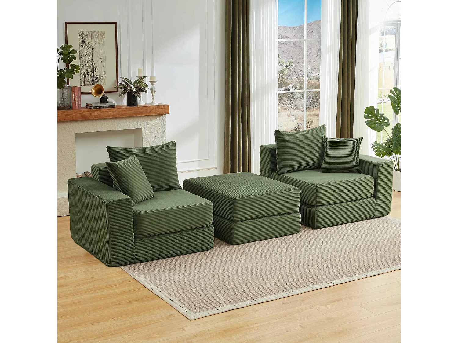 Canapé modulable convertible 3 places en velours côtelé avec coussins - Sans montage - Vert