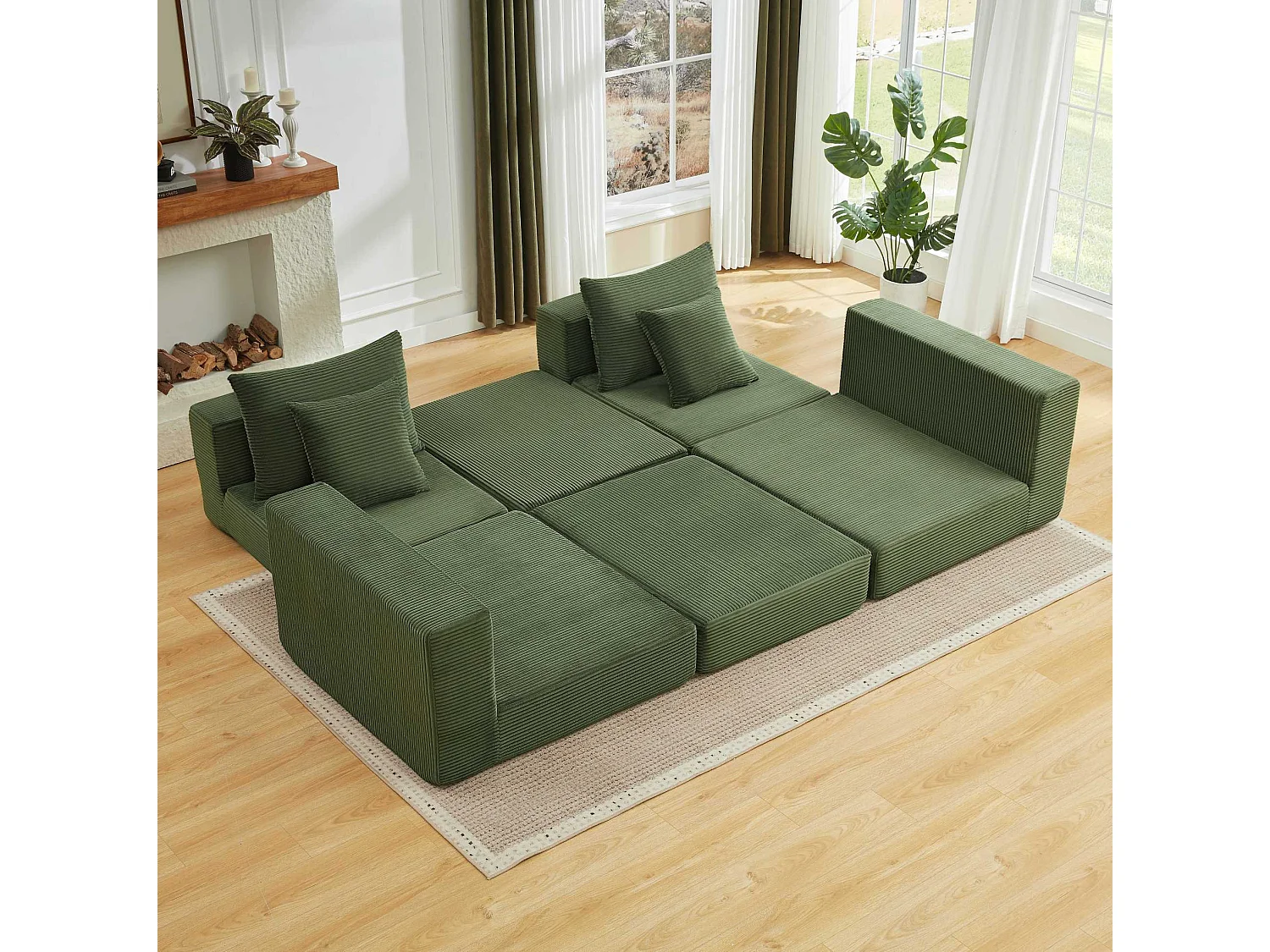 Canapé modulable convertible 3 places en velours côtelé avec coussins - Sans montage - Vert