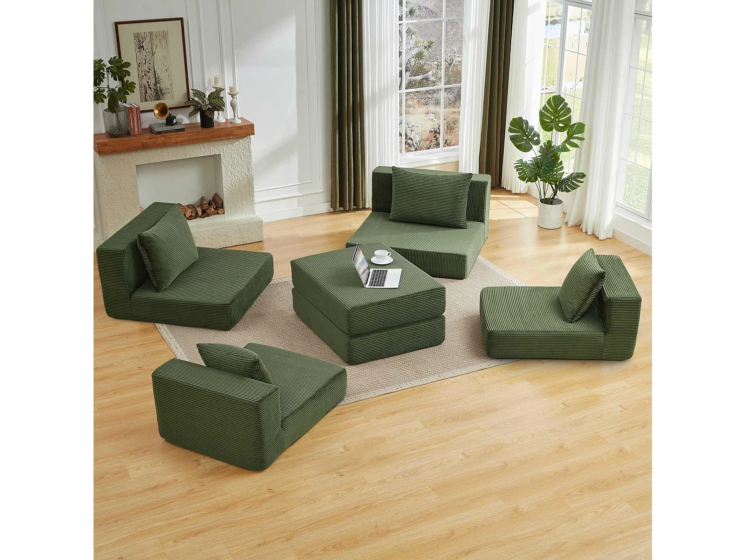 Canapé modulable convertible 3 places en velours côtelé avec coussins - Sans montage - Vert