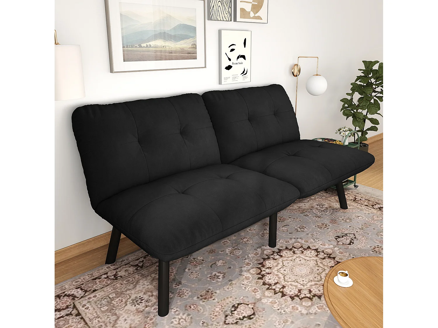 Canapé convertible 2 places noir, sans accoudoirs, futon pliable, lit d'appoint, velours