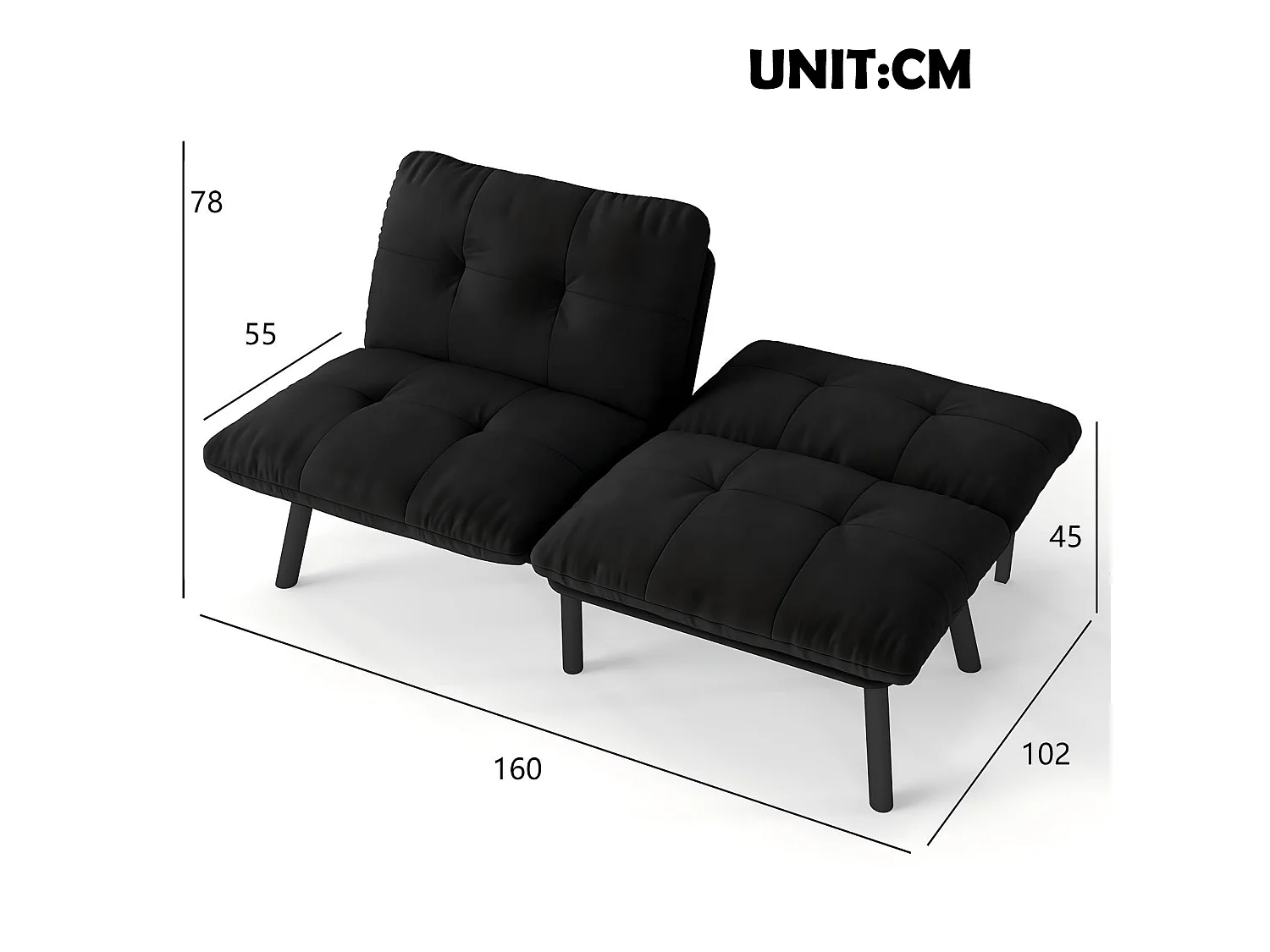 Canapé convertible 2 places noir, sans accoudoirs, futon pliable, lit d'appoint, velours