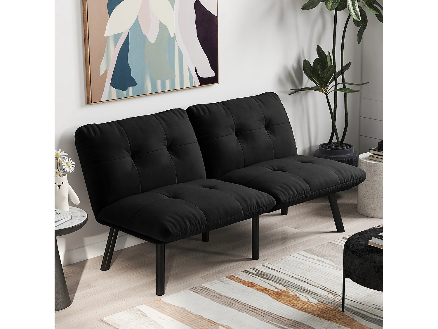 Canapé convertible 2 places noir, sans accoudoirs, futon pliable, lit d'appoint, velours