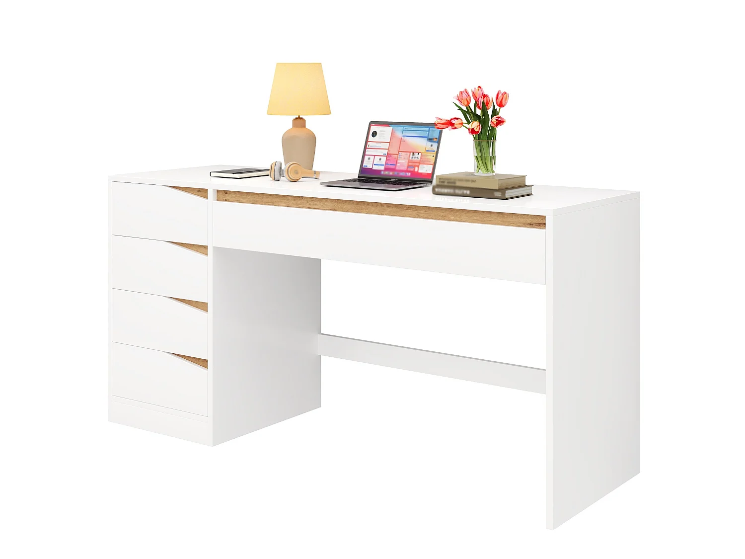 Scrivania moderna bianca e color legno (140x50 cm) con 5 cassetti