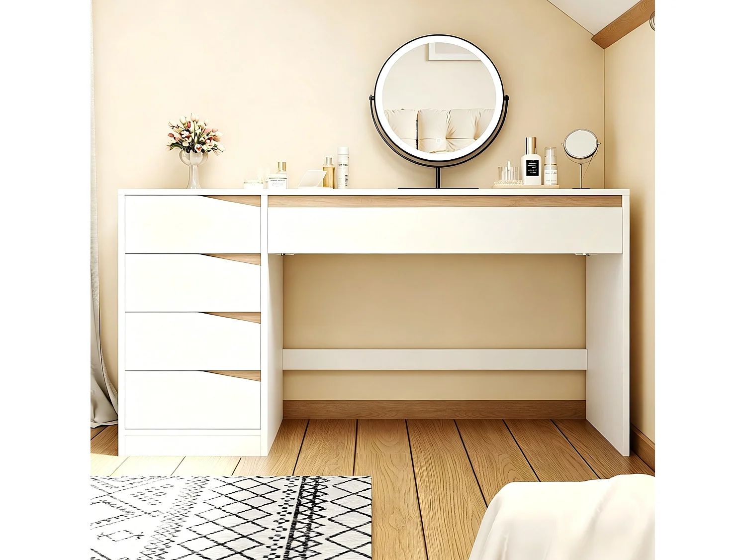 Scrivania moderna bianca e color legno (140x50 cm) con 5 cassetti