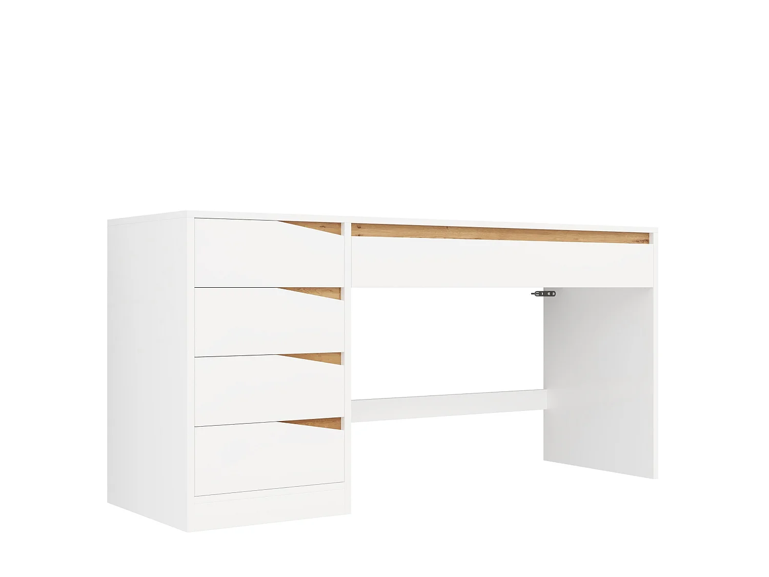 Scrivania moderna bianca e color legno (140x50 cm) con 5 cassetti