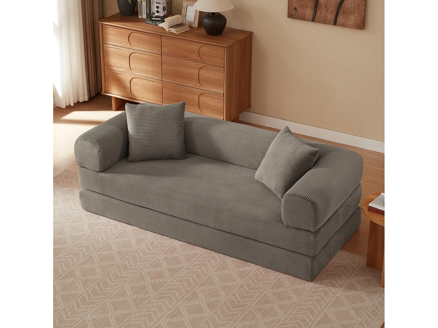 Canapé convertible 2 places 195 cm en tissu taupe - Sans montage