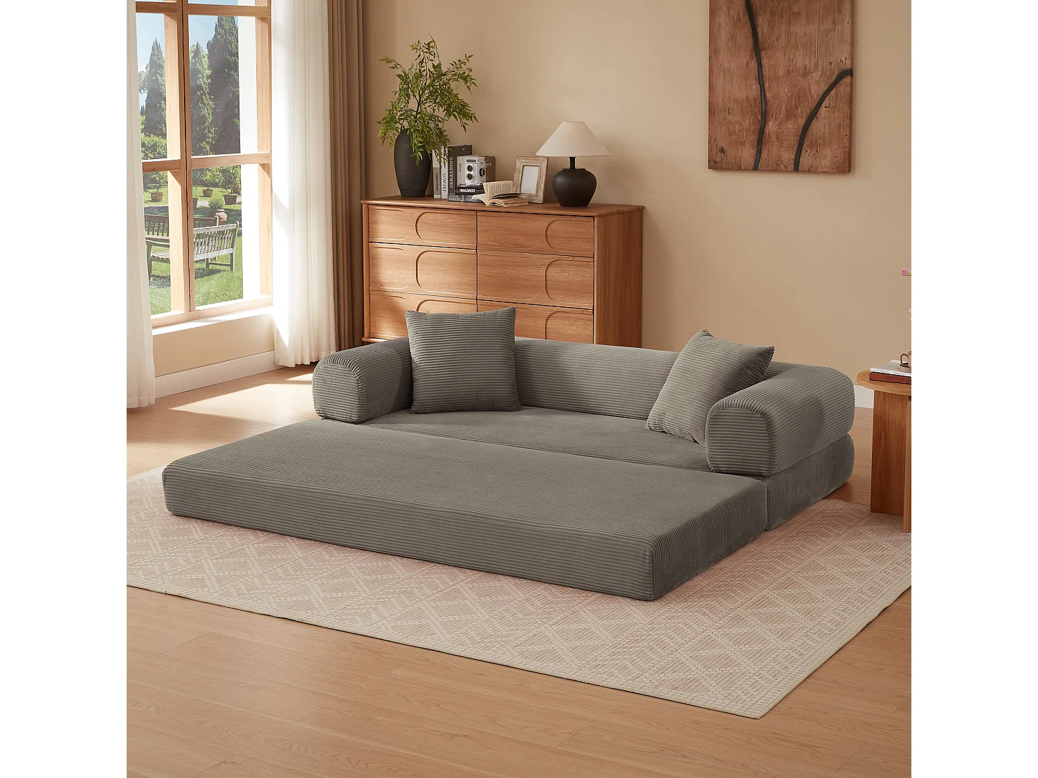 Canapé convertible 2 places 195 cm en tissu taupe - Sans montage