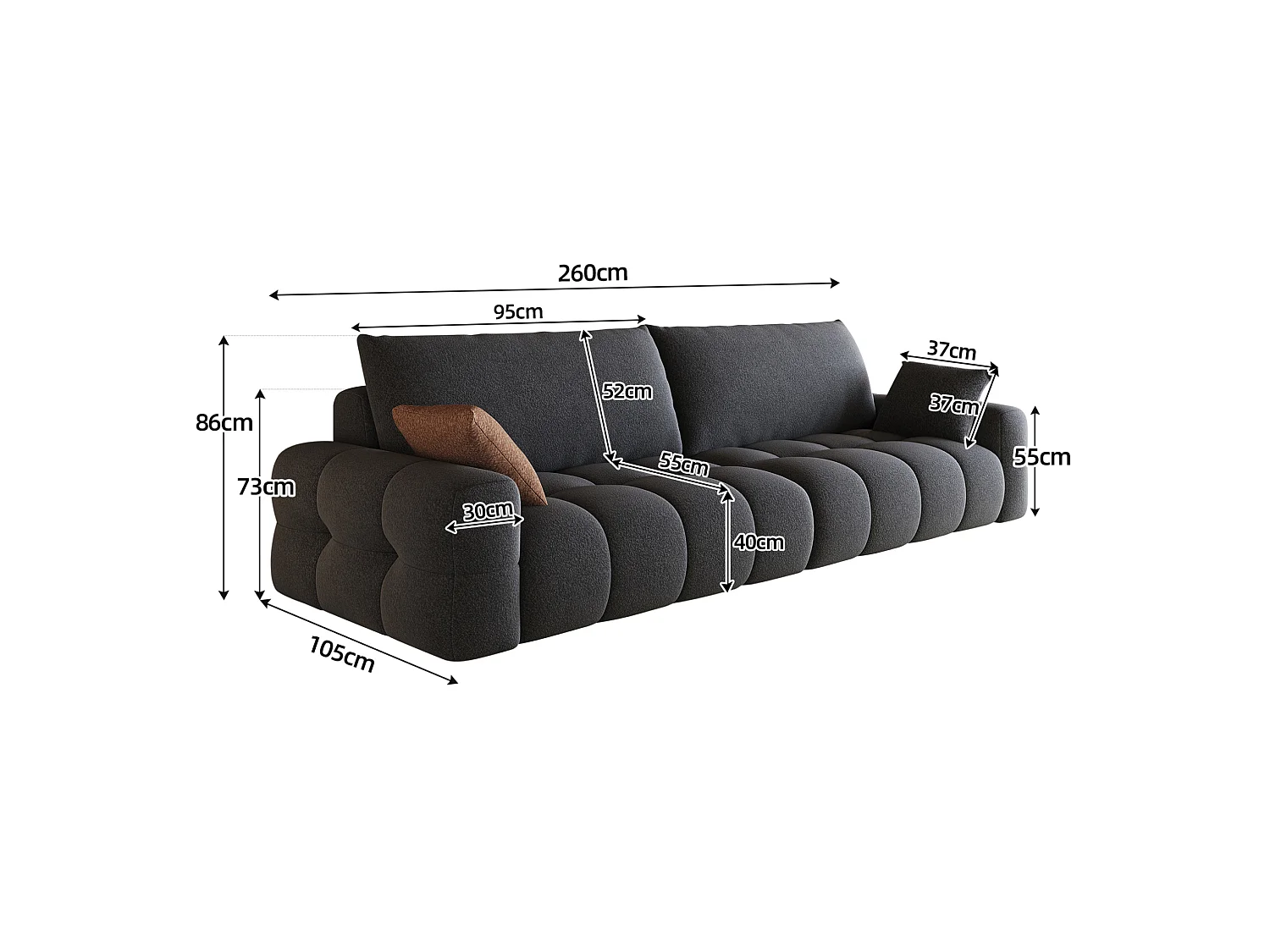 Modulaire stoffen 4-zitsbank, 260 cm, met diepe zitting – Donkergrijs