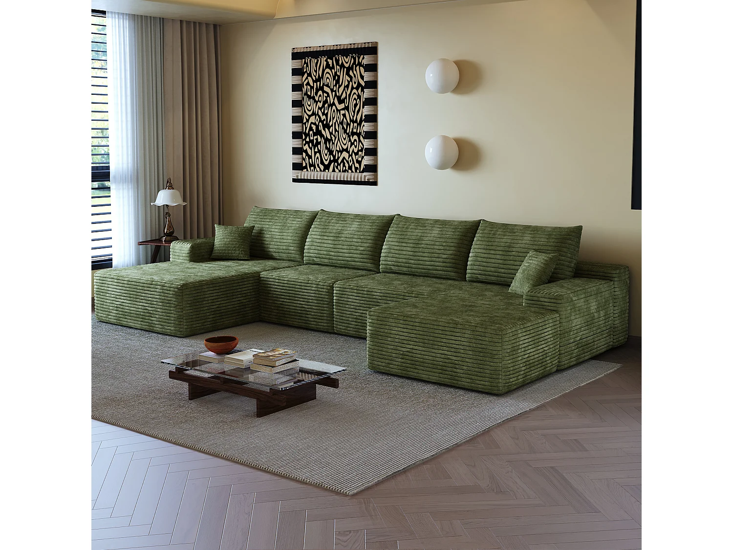 Canapé compressé d'angle modulable 4 places en velours côtelé avec pouf - Vert