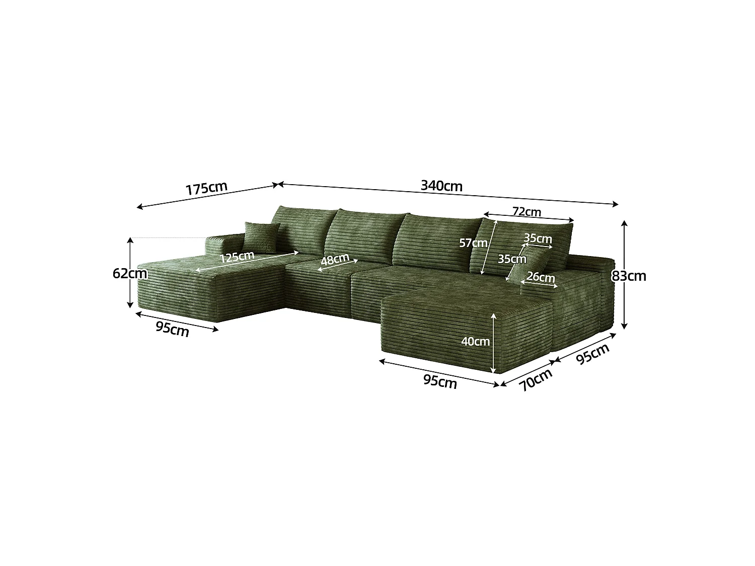Canapé compressé d'angle modulable 4 places en velours côtelé avec pouf - Vert