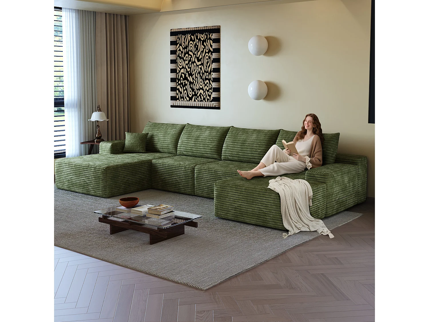 Canapé compressé d'angle modulable 4 places en velours côtelé avec pouf - Vert