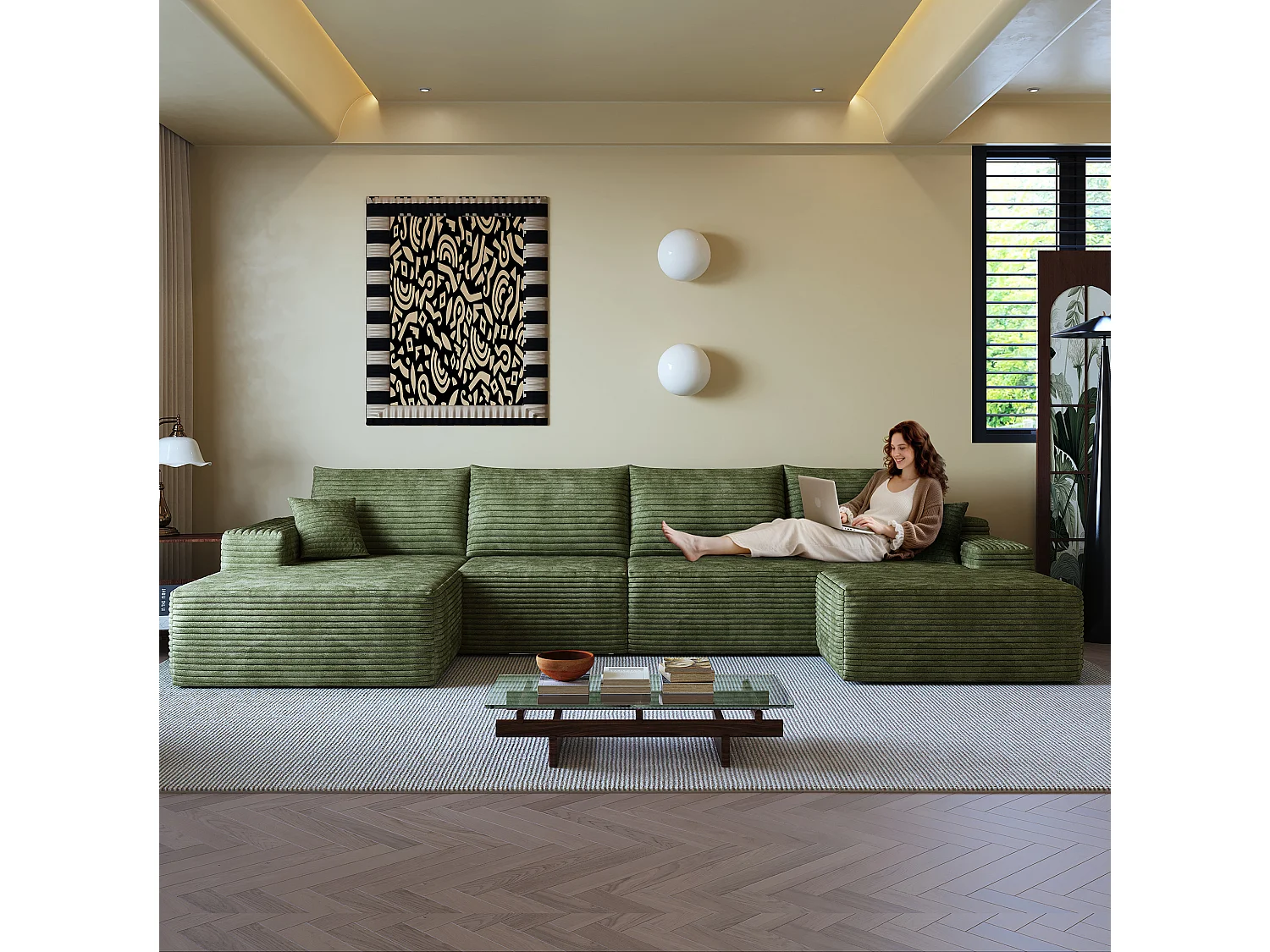 Canapé compressé d'angle modulable 4 places en velours côtelé avec pouf - Vert