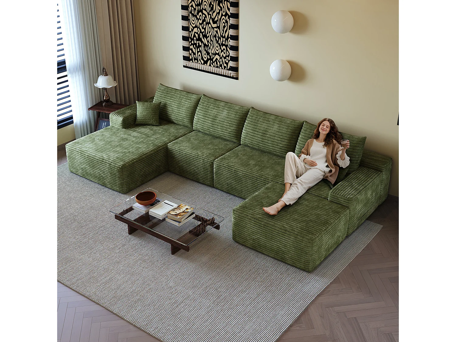 Canapé compressé d'angle modulable 4 places en velours côtelé avec pouf - Vert