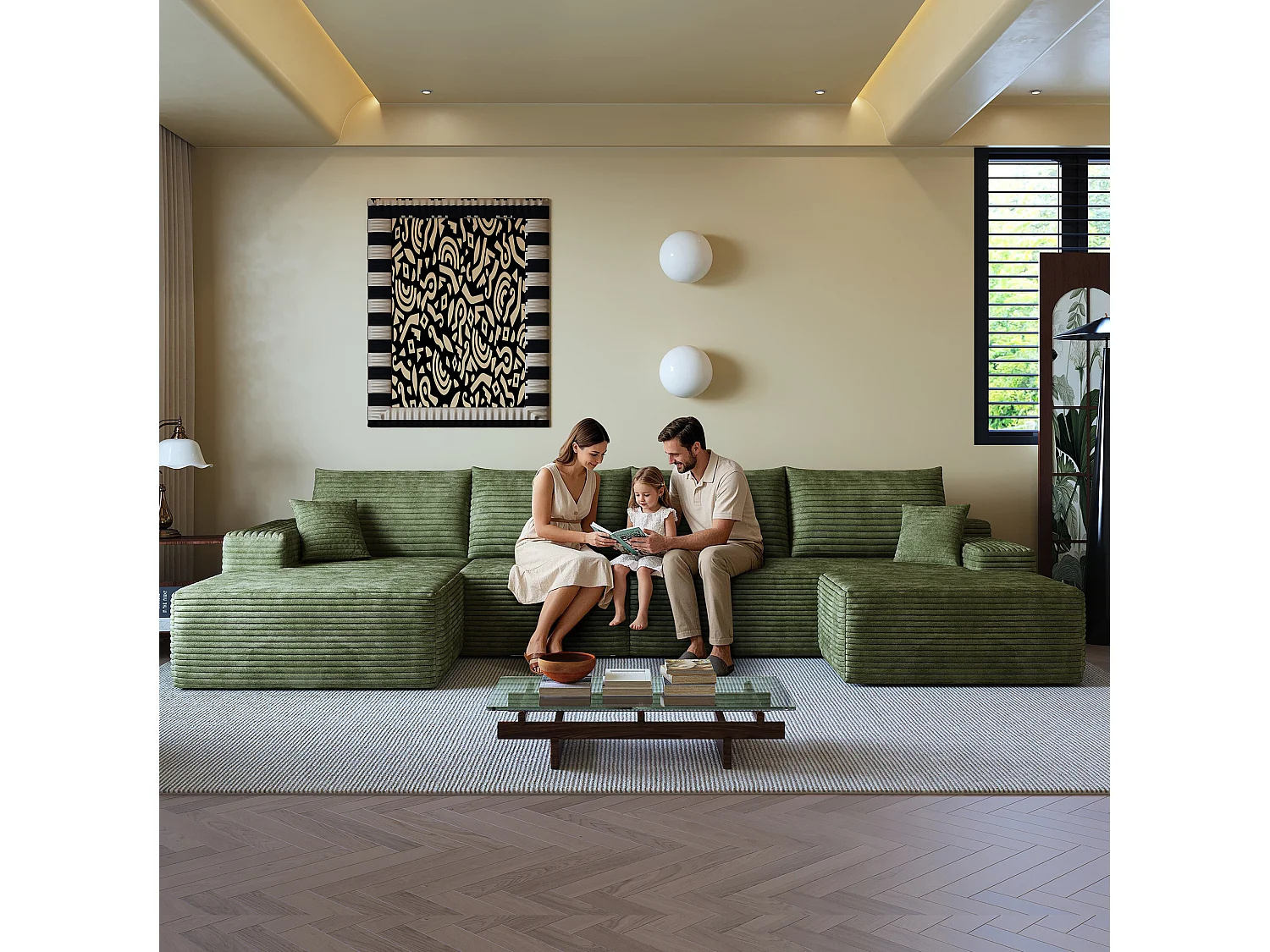 Canapé compressé d'angle modulable 4 places en velours côtelé avec pouf - Vert