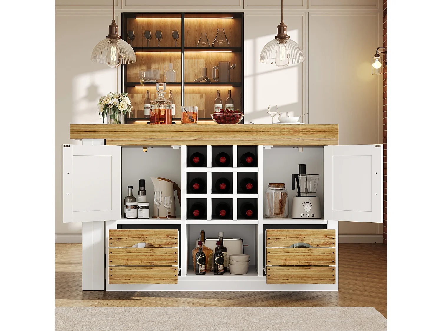 Isola cucina allungabile e girevole a 360° (120–197 cm) con cassetti e 2 ante – Bianco