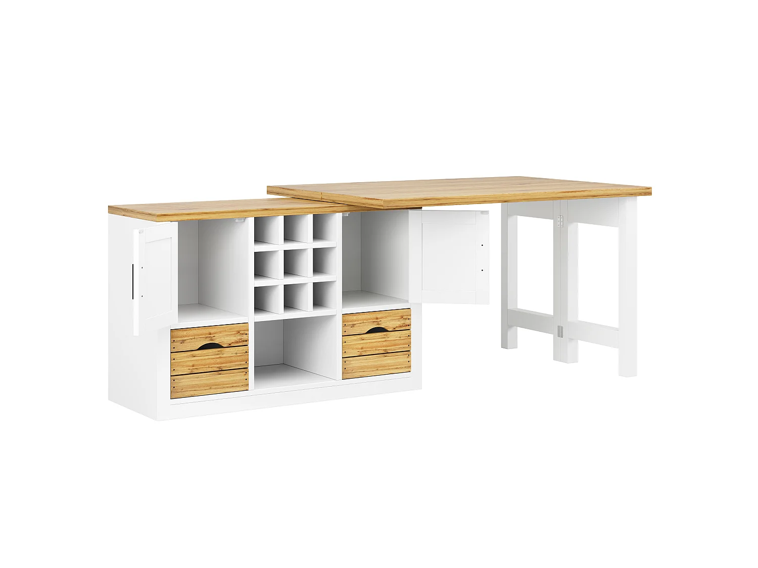 Isola cucina allungabile e girevole a 360° (120–197 cm) con cassetti e 2 ante – Bianco