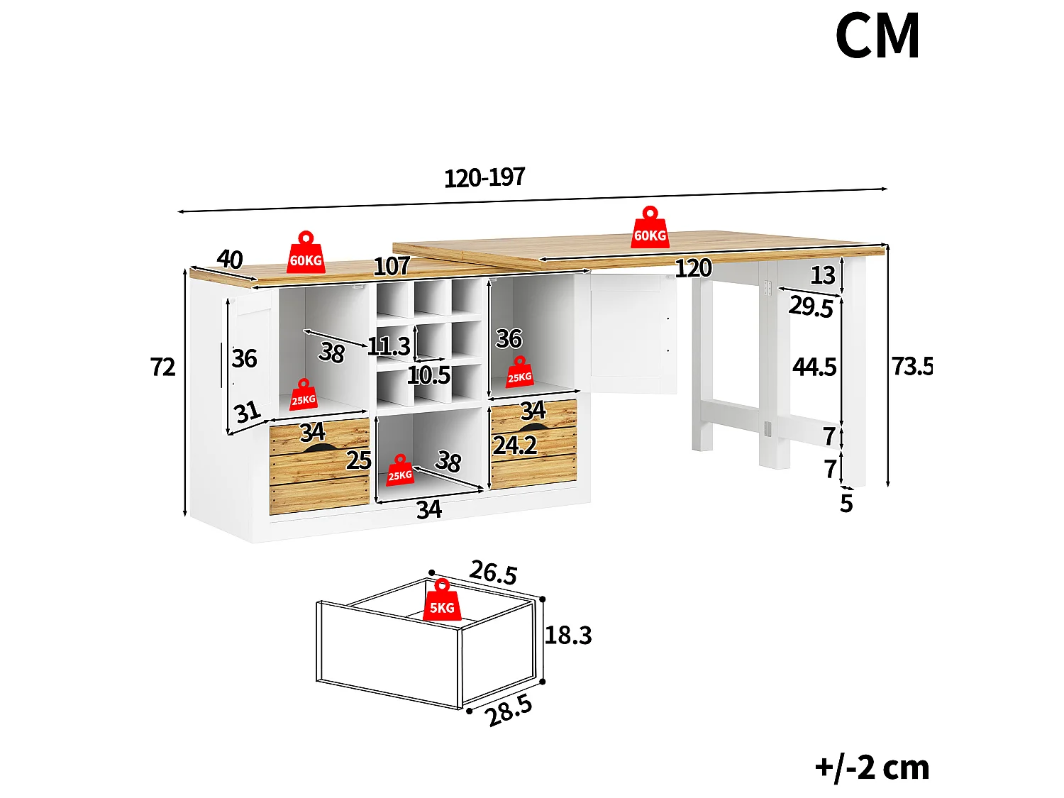 Isola cucina allungabile e girevole a 360° (120–197 cm) con cassetti e 2 ante – Bianco