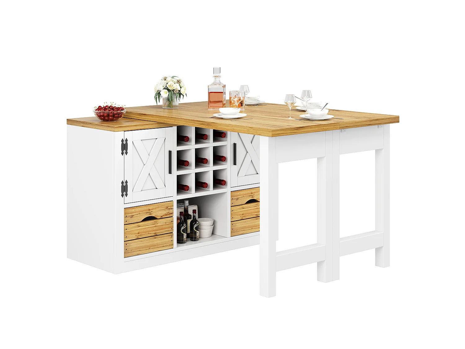 Isola cucina allungabile e girevole a 360° (120–197 cm) con cassetti e 2 ante – Bianco