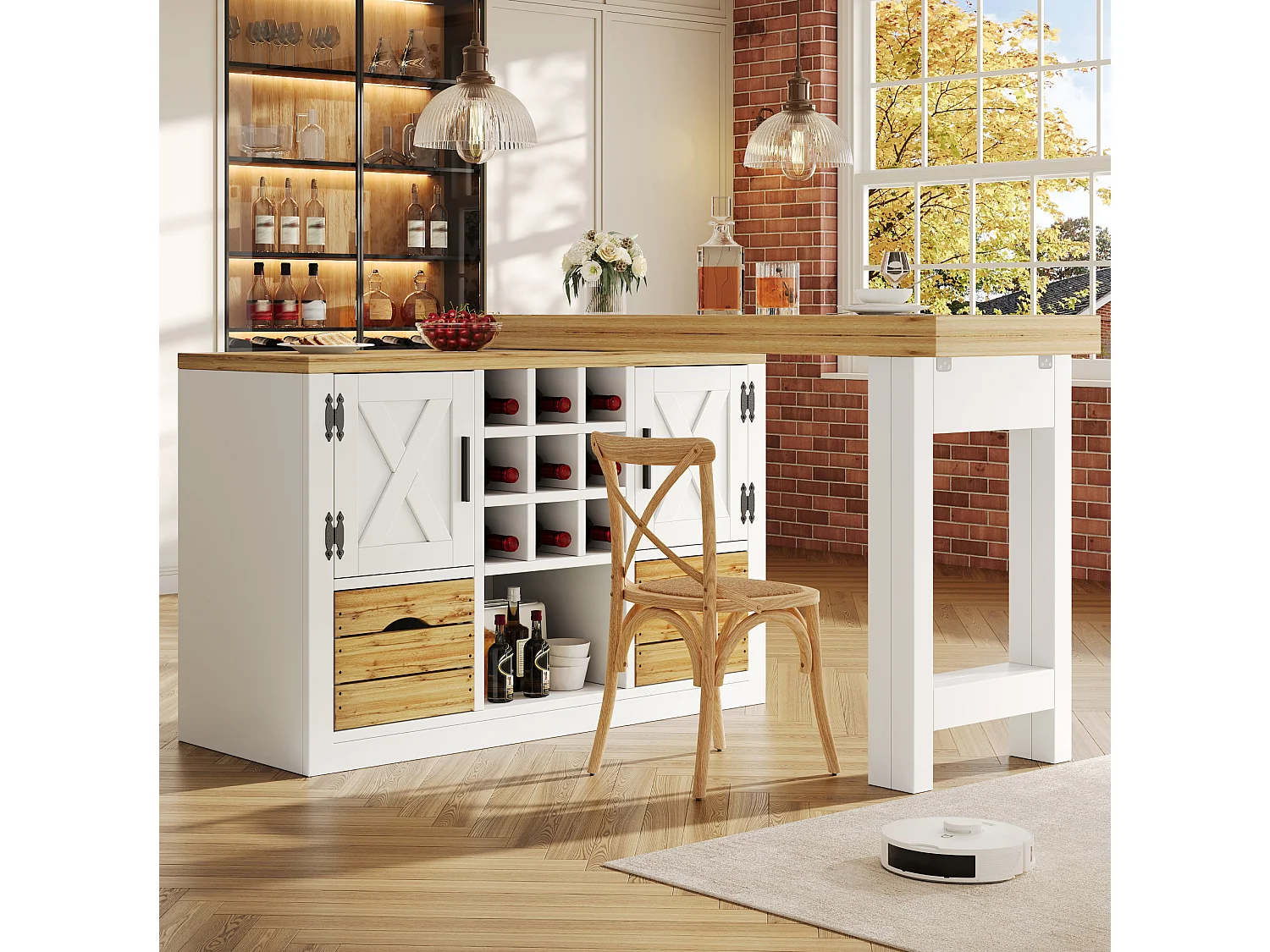 Isola cucina allungabile e girevole a 360° (120–197 cm) con cassetti e 2 ante – Bianco