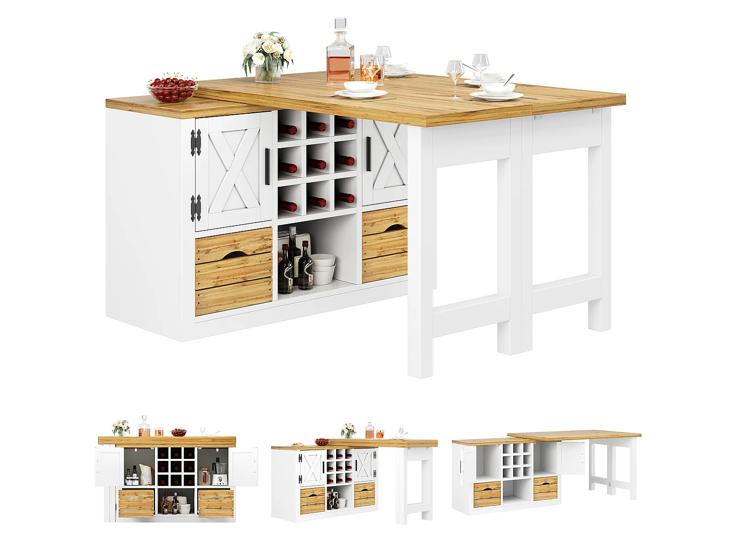 Isola cucina allungabile e girevole a 360° (120–197 cm) con cassetti e 2 ante – Bianco