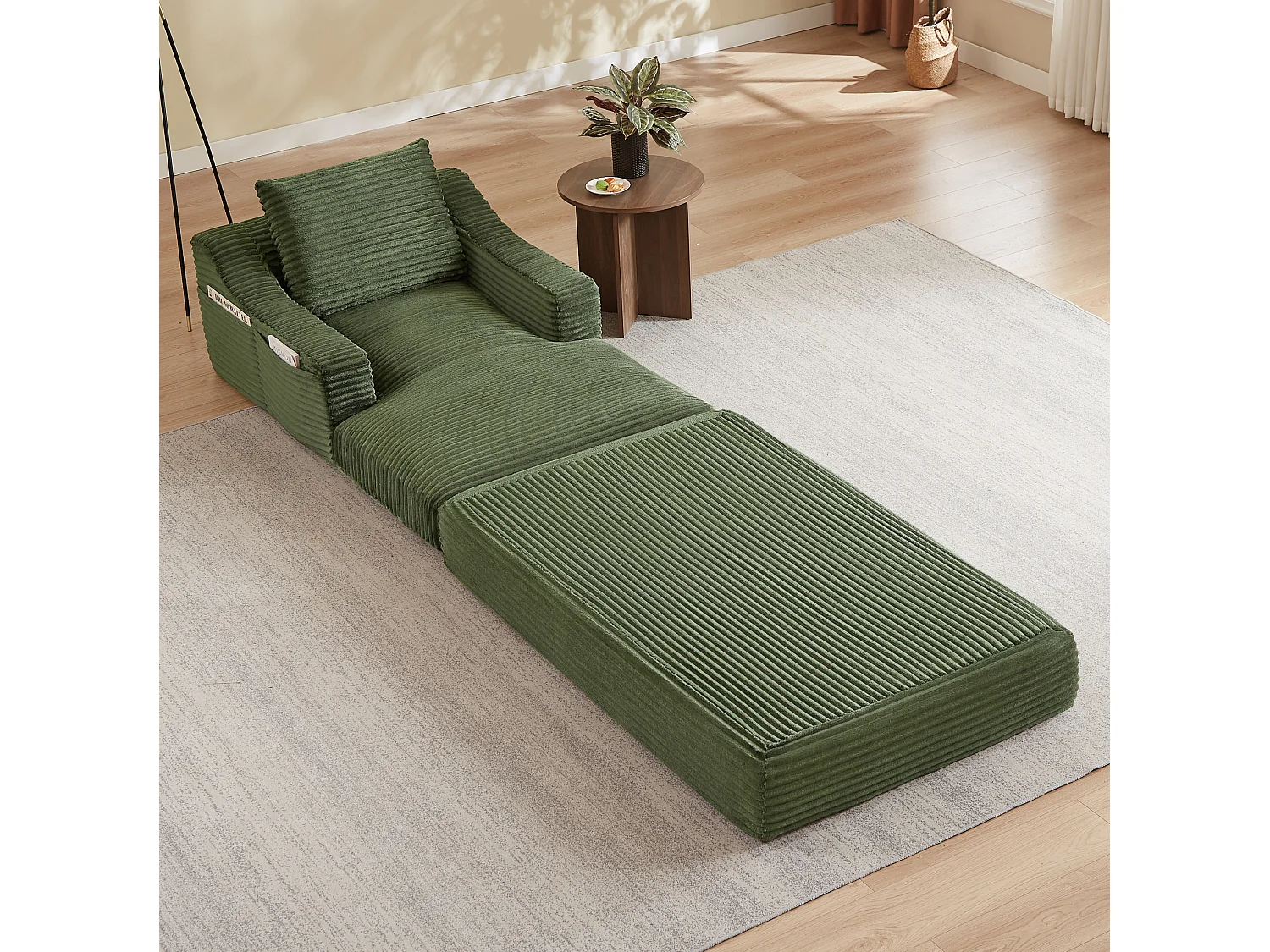 Méridienne convertible 160x100x85 cm en velours côtelé vert - Sans montage