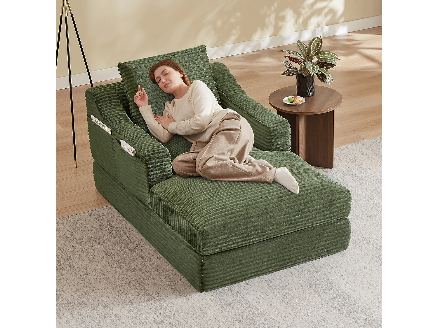 Méridienne convertible 160x100x85 cm en velours côtelé vert - Sans montage