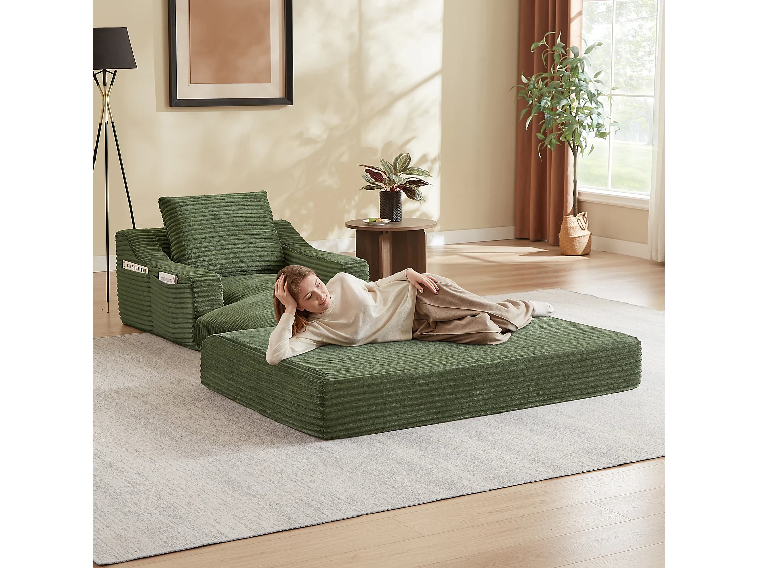 Méridienne convertible 160x100x85 cm en velours côtelé vert - Sans montage