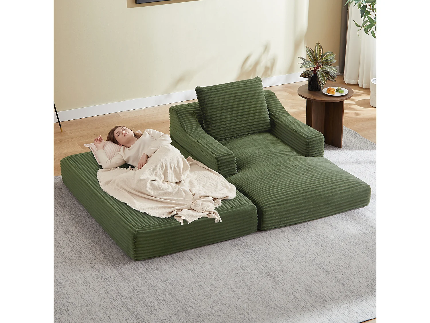 Méridienne convertible 160x100x85 cm en velours côtelé vert - Sans montage