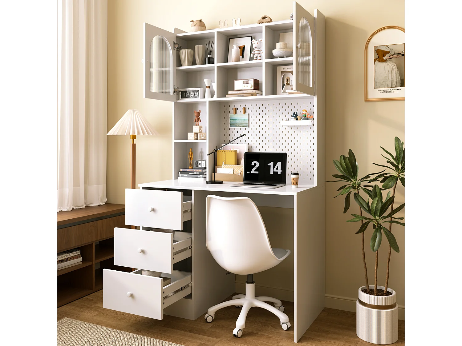 Escritorio multifuncional con 3 cajones y 2 puertas - Para oficina o dormitorio - Blanco