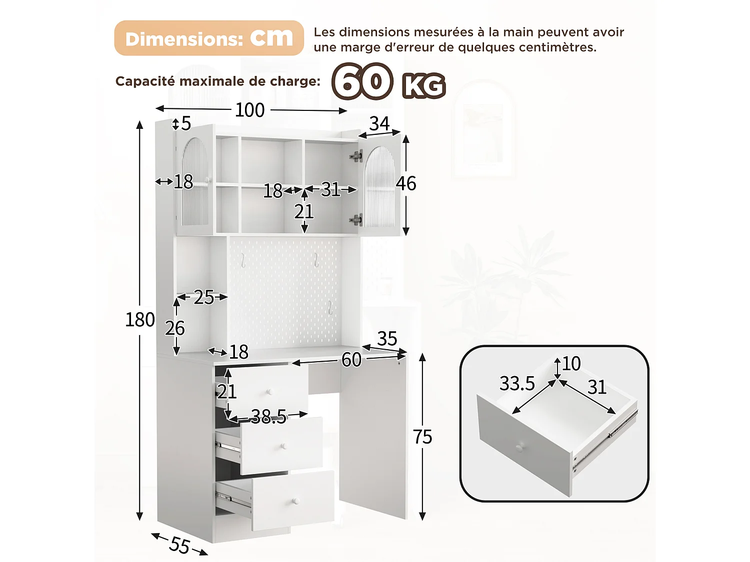 Escritorio multifuncional con 3 cajones y 2 puertas - Para oficina o dormitorio - Blanco